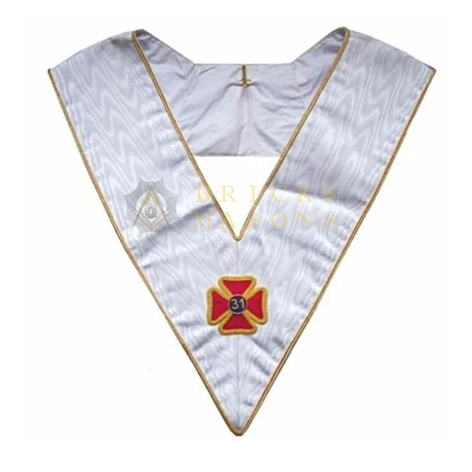 Bricks Masons 30th Degree Scottish Rite Collar - White Moire with Gold Borders