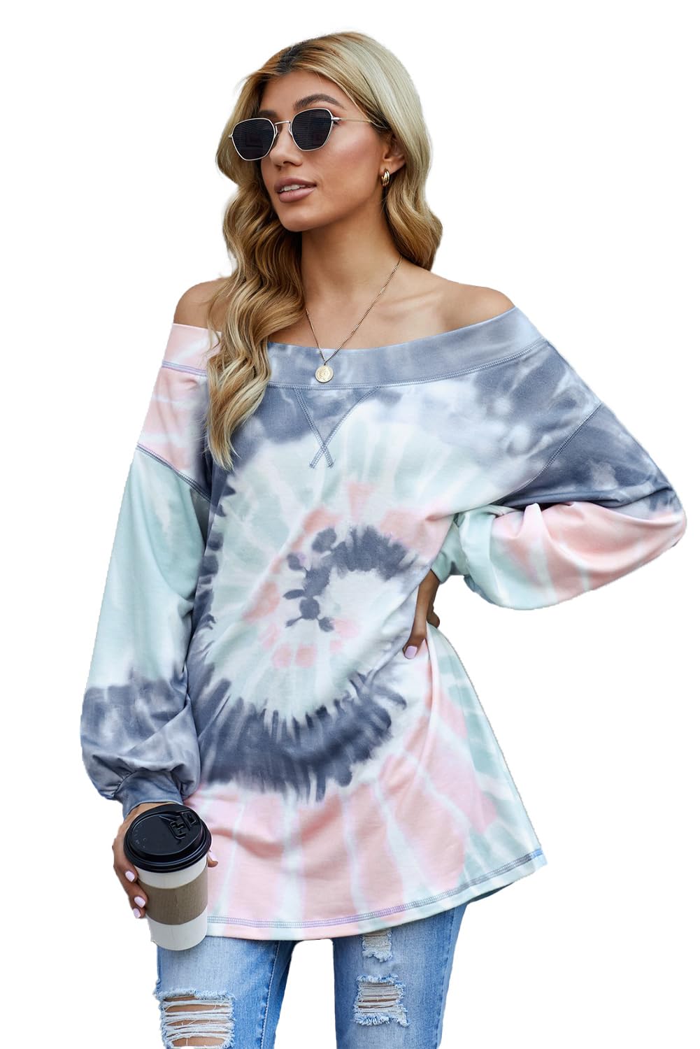 the urban mall Women's Off-Shoulder Tie-Dye Sweatshirt, Pastel Swirl Pattern, Long Puff Sleeves, Relaxed Oversized Fit, Casual Loungewear Top-picture-45