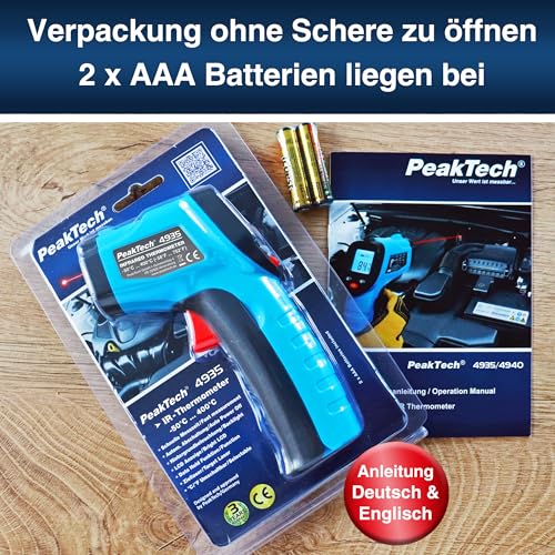 PeakTech P4940 – Infrarot-Thermometer -50°C bis 600°C – Laser Temperaturmessgerät mit Auto-Hold Funktion – Laser Thermometer mit Infrarot – Emissionsgrad 0,95 – inkl. Batterien & Anleitung