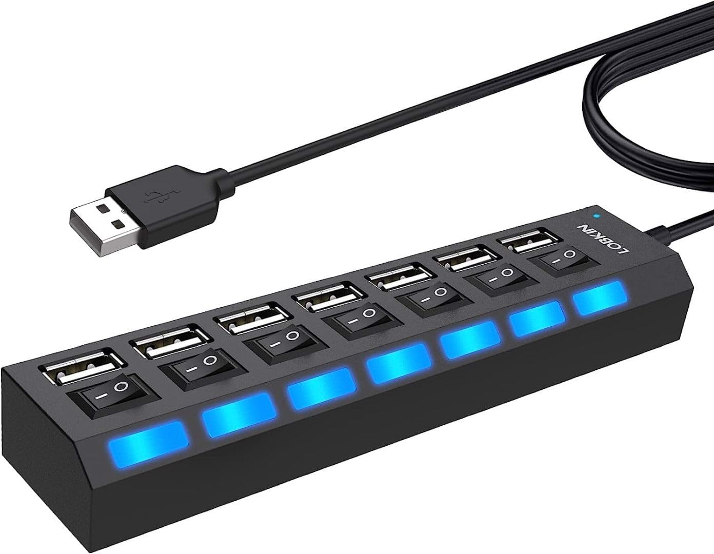 Lobkin 7-Port USB 2.0 Hub with individual switches and blue LED indicators