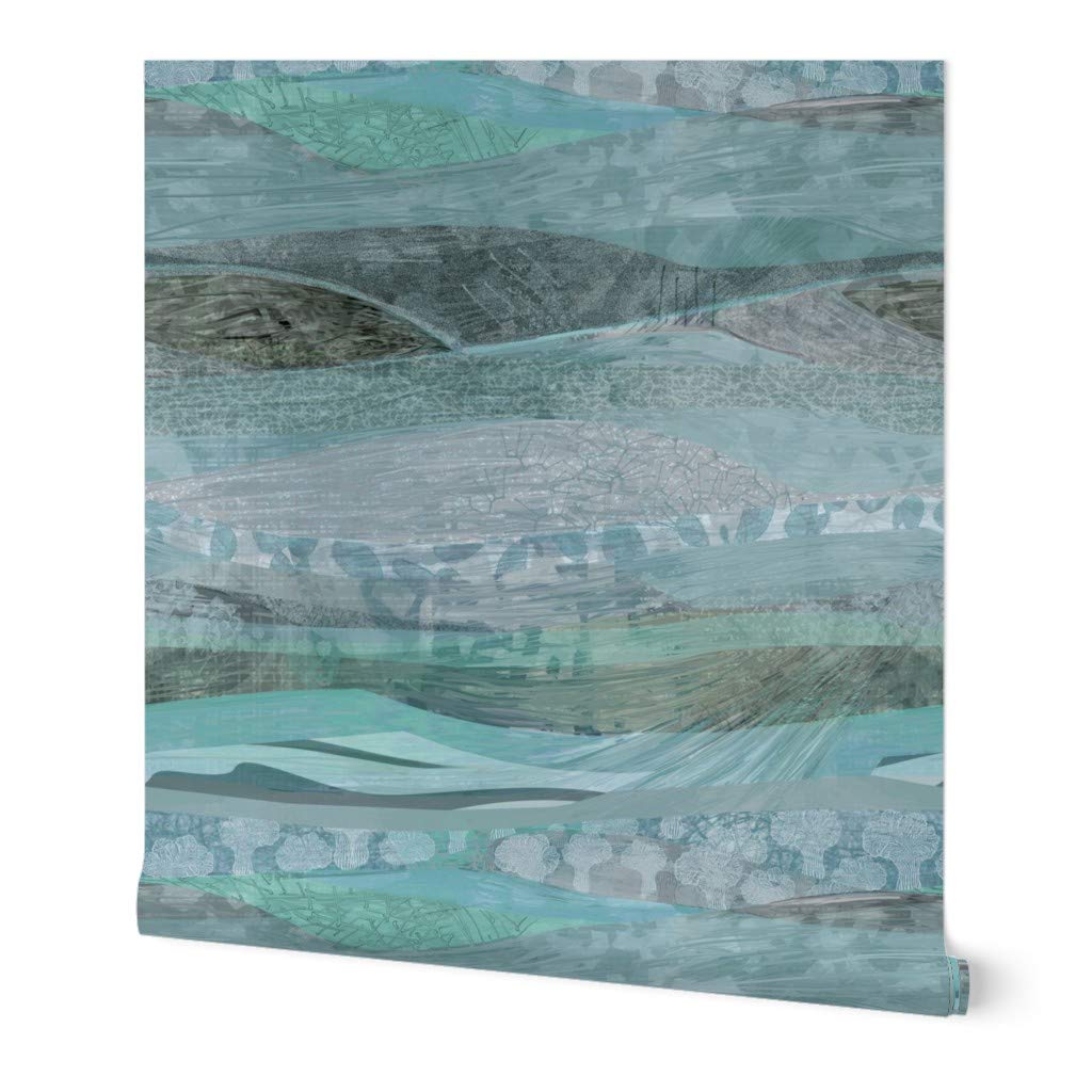 Spoonflower Removable Wallpaper 6ft x 2ft - Southwest Blue Midcentury Modern Teal Green Art Desert Ocean Succulent Custom Pre-Pasted Wallpaper