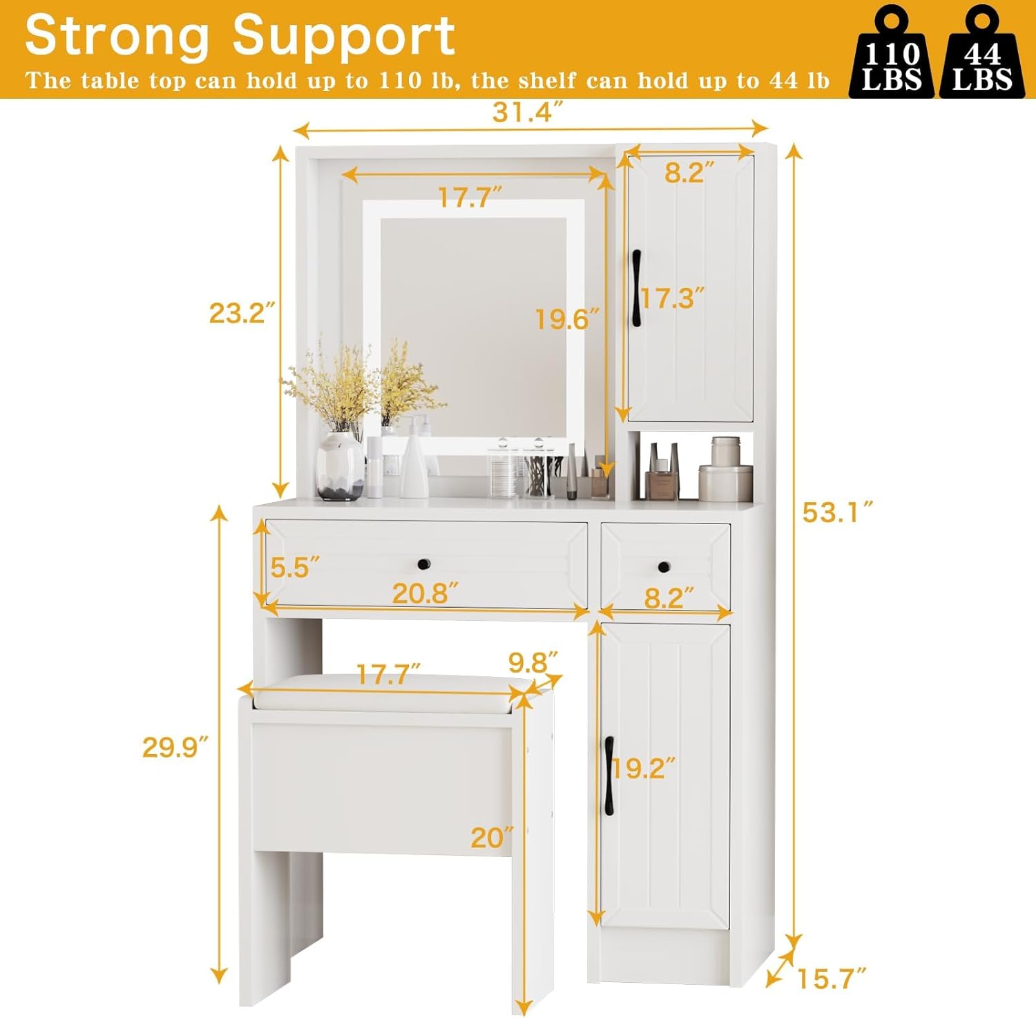 walsport Makeup Vanity Desk Set with Mirror and Lights Stool Compact Dressing Table Storage Space Drawers Shelves 3 Lighting Modes for Bedroom or Dorm Room White