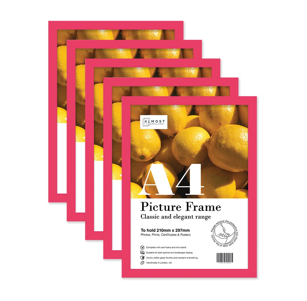 Almost Frameless A4 Bright Pink Picture Frame Set of 5, Display A4 Picture Gallery Wall, Poster, Photo, Artwork, or Print, Bright Pink — image 1