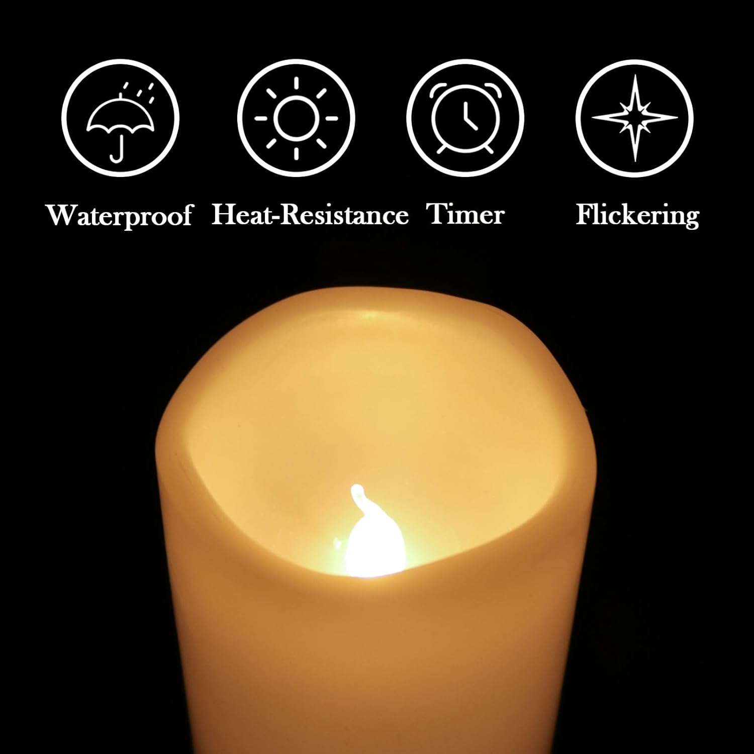 Eldnacele Waterproof Flameless Flickering Candles with 6 Hours Timer, Indoor Outdoor White LED Plastic Battery Operated Pillar Candles Pack of 4 Wedding Dinner Home Decor, D3”x H4” 5” 6” 8” - Image 6
