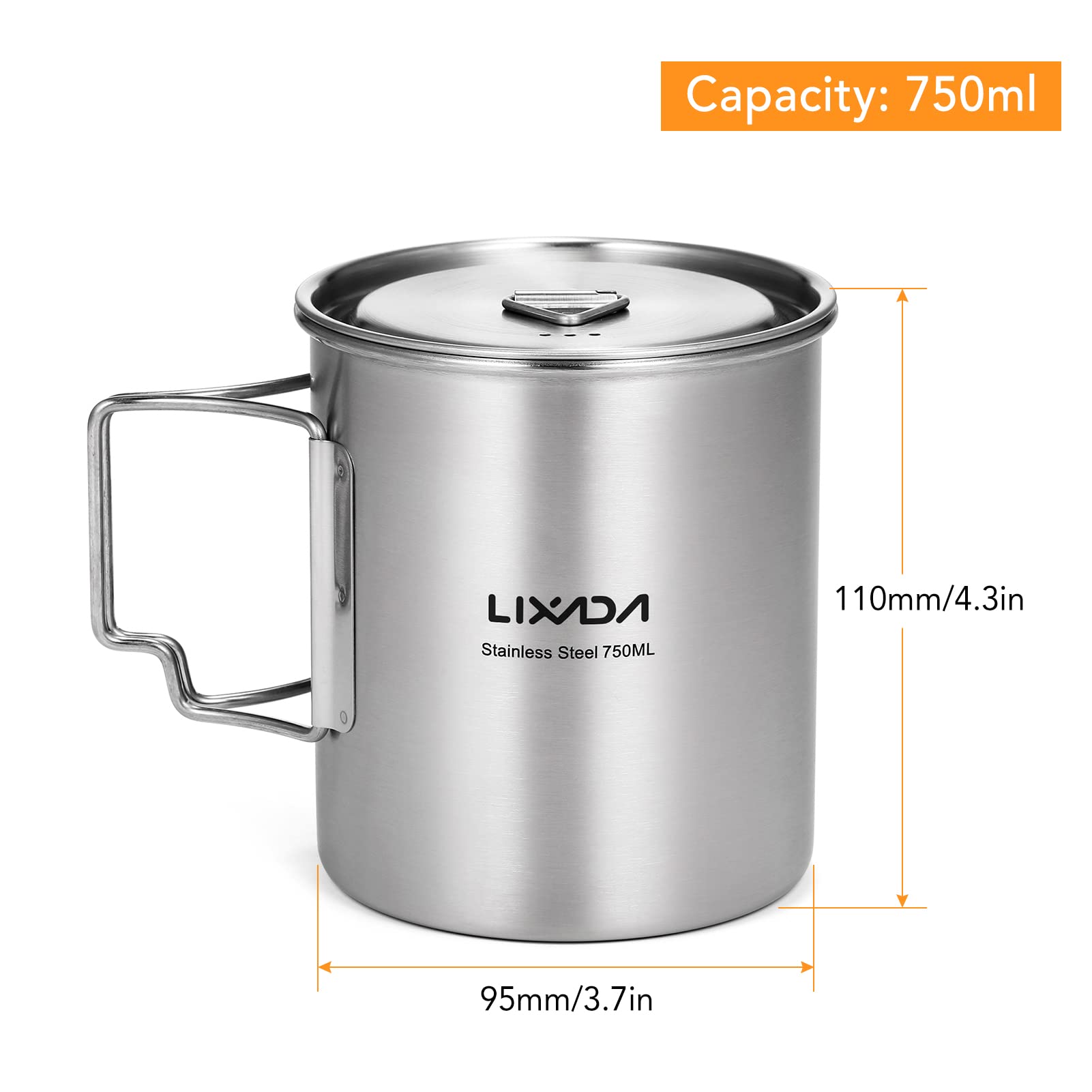 Sunydog 750ml Cup Outdoor Stainless Steel Water Cup Mug with Foldable Handles and Lid for Camping Hiking Backpacking