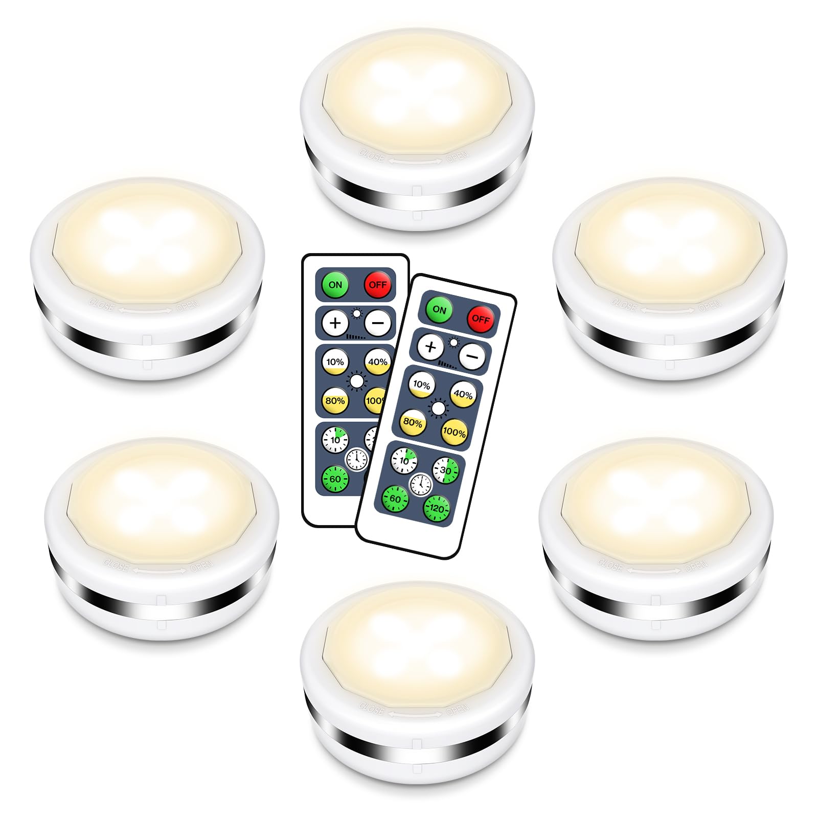 Cadrim Night Lights 6 Pack Under Cabinet Lights Closet Lighting Wardrobe Cupboard Lights with Remote Controls Battery Powered LED Lights Kitchen Bookcase Showcase Brightness Adjustable Wireless Timer