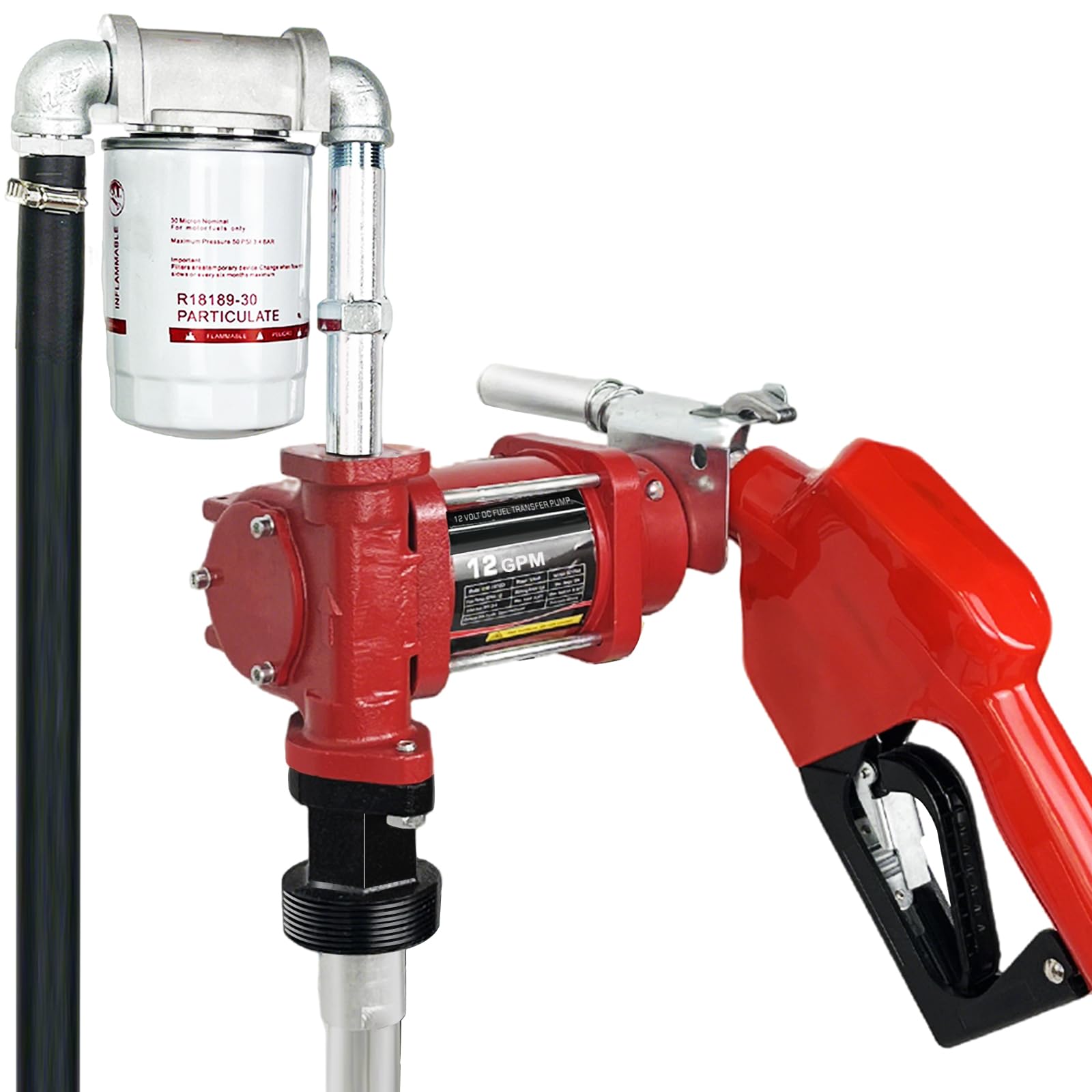 Photo 1 of *** VERY USED** 12V DC 12GPM Fuel Transfer Pump with Automatic Nozzle & Hose Kit for Gasoline Diesel Red with Particulate Filter