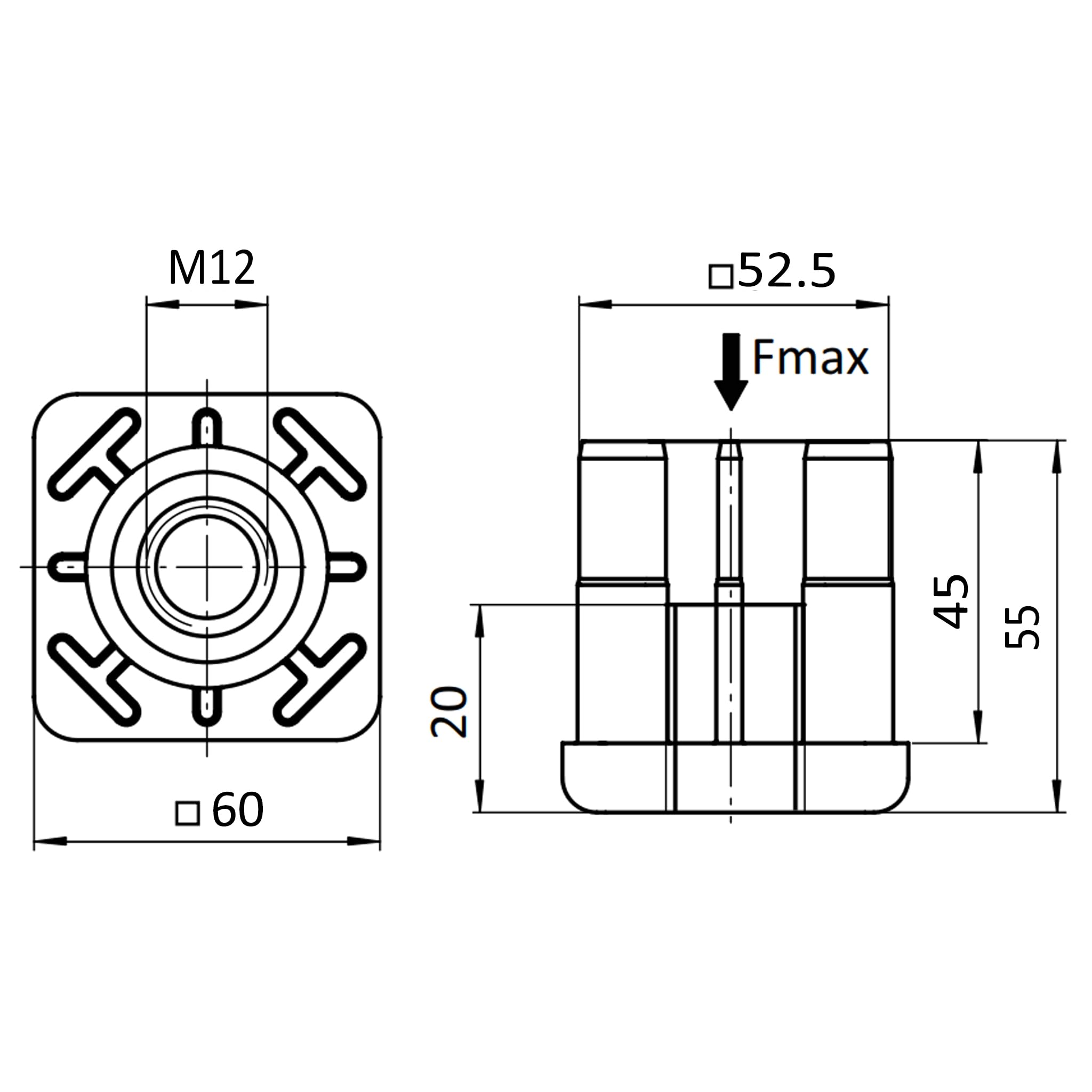 10 tapones roscados M12, 60 x 60 x 4,0, plástico PA reforzado con