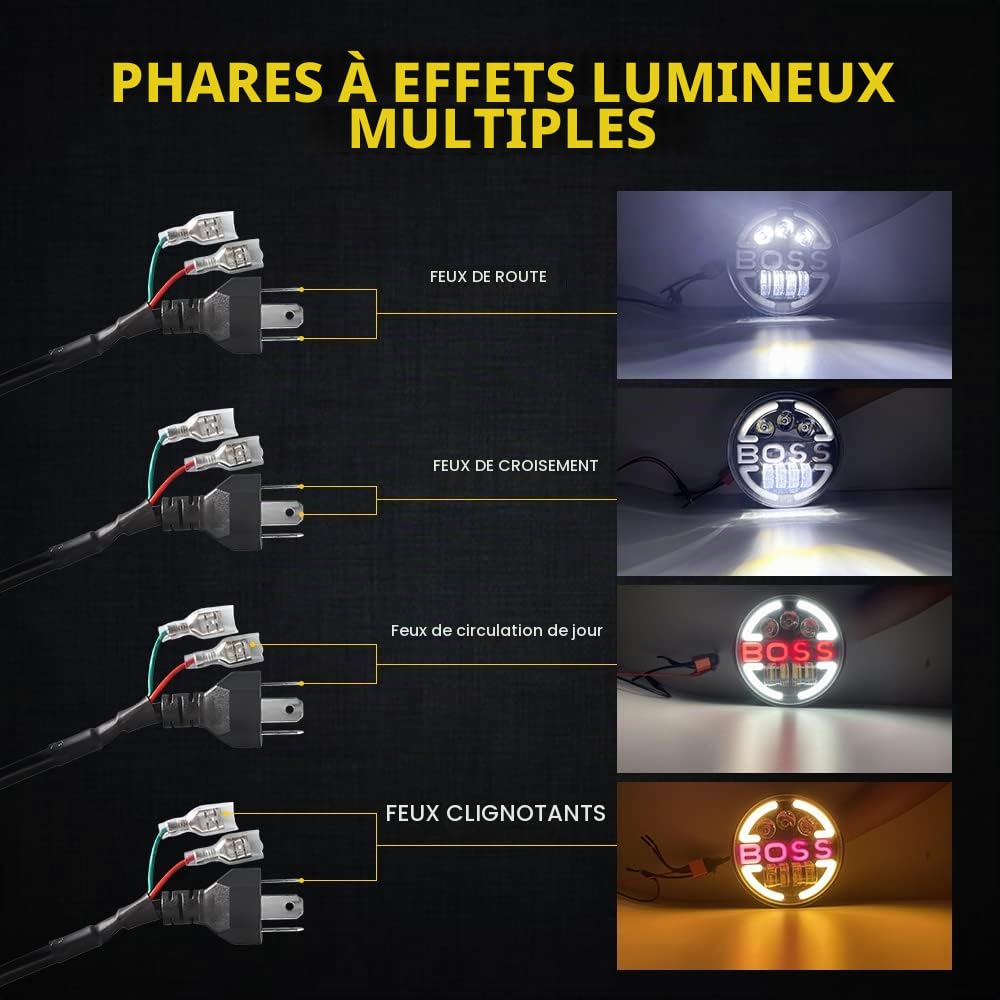 Lot de 2 7 Pouces LED Phare, 150W 10000LM 4 Modes Eclairages Halo DRL ámbar feu de virage Vitesse de la lumière haute et basse H6024 pour Wrangler LJ TJ CJ JK Hummer H1 H2 Land Rover Defender