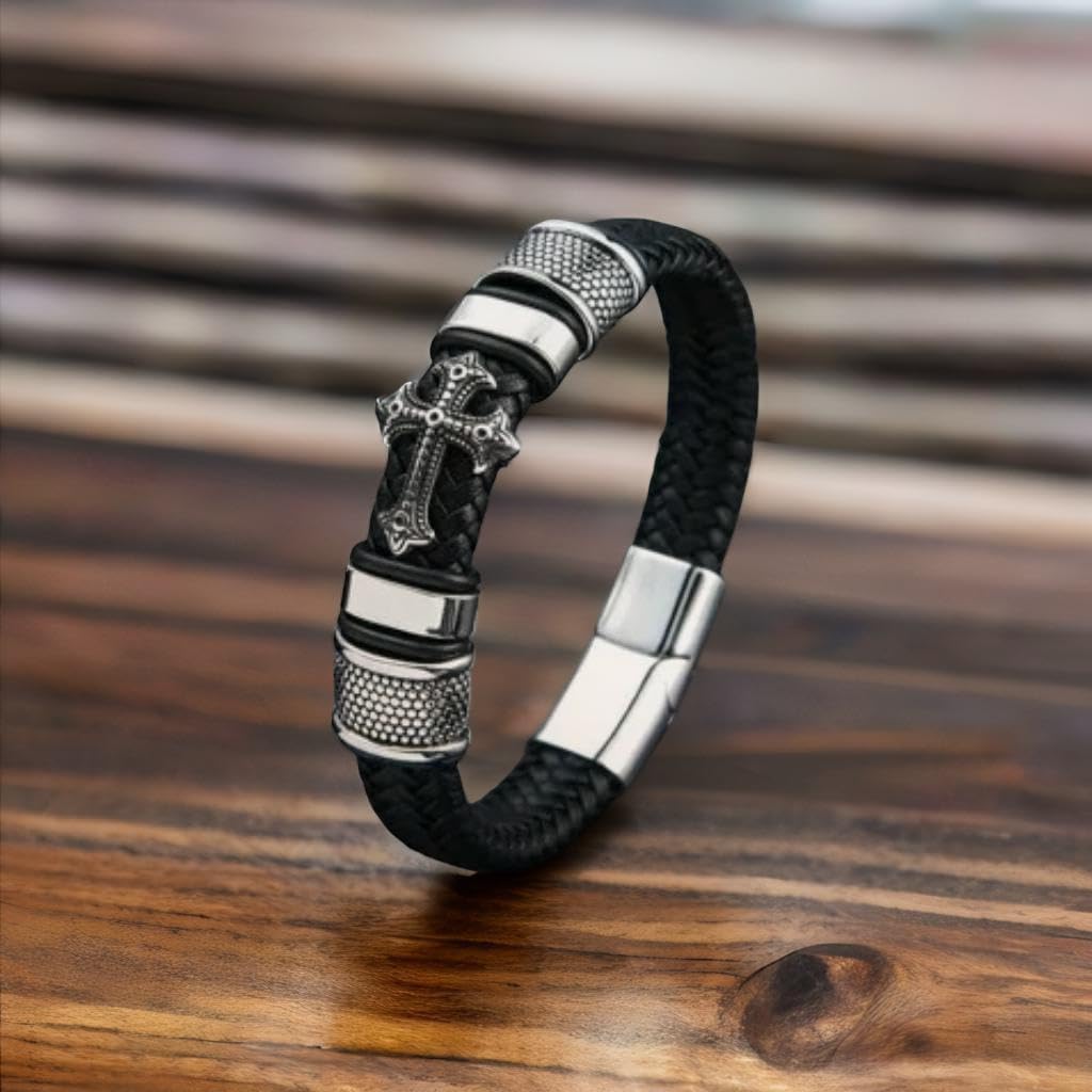 New Fashion Men's Christian Cross Double Row Genuine Leather Bracelet, Braided Cuff Bracelet for Men, Men accessory - Image 3