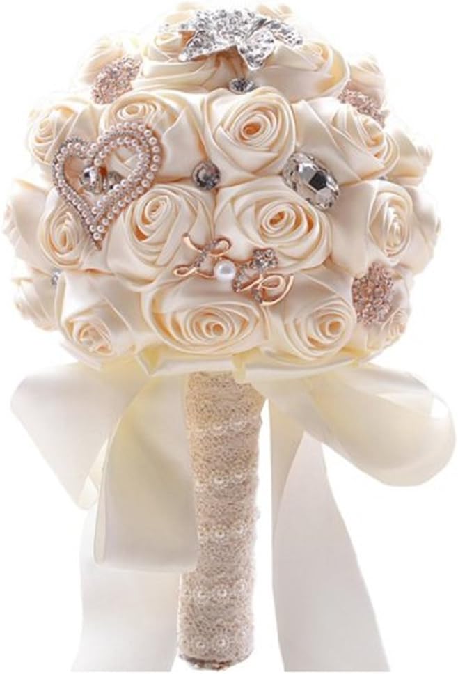 wedding bouquet Ivory Satin Roses rhinestone Crystal Diamond brooch Flower bridal buquets for Bride