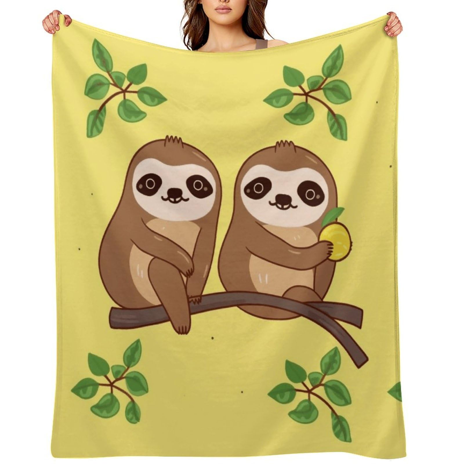 Cute Sloths on Yellow Lemons Throw Blanket for Couch and Bed Super Soft Warm Lightweight Throw Blankets Cozy Fuzzy Flannel Blanket Personalized Decorative Blankets for Sofa Decor 50"x60"