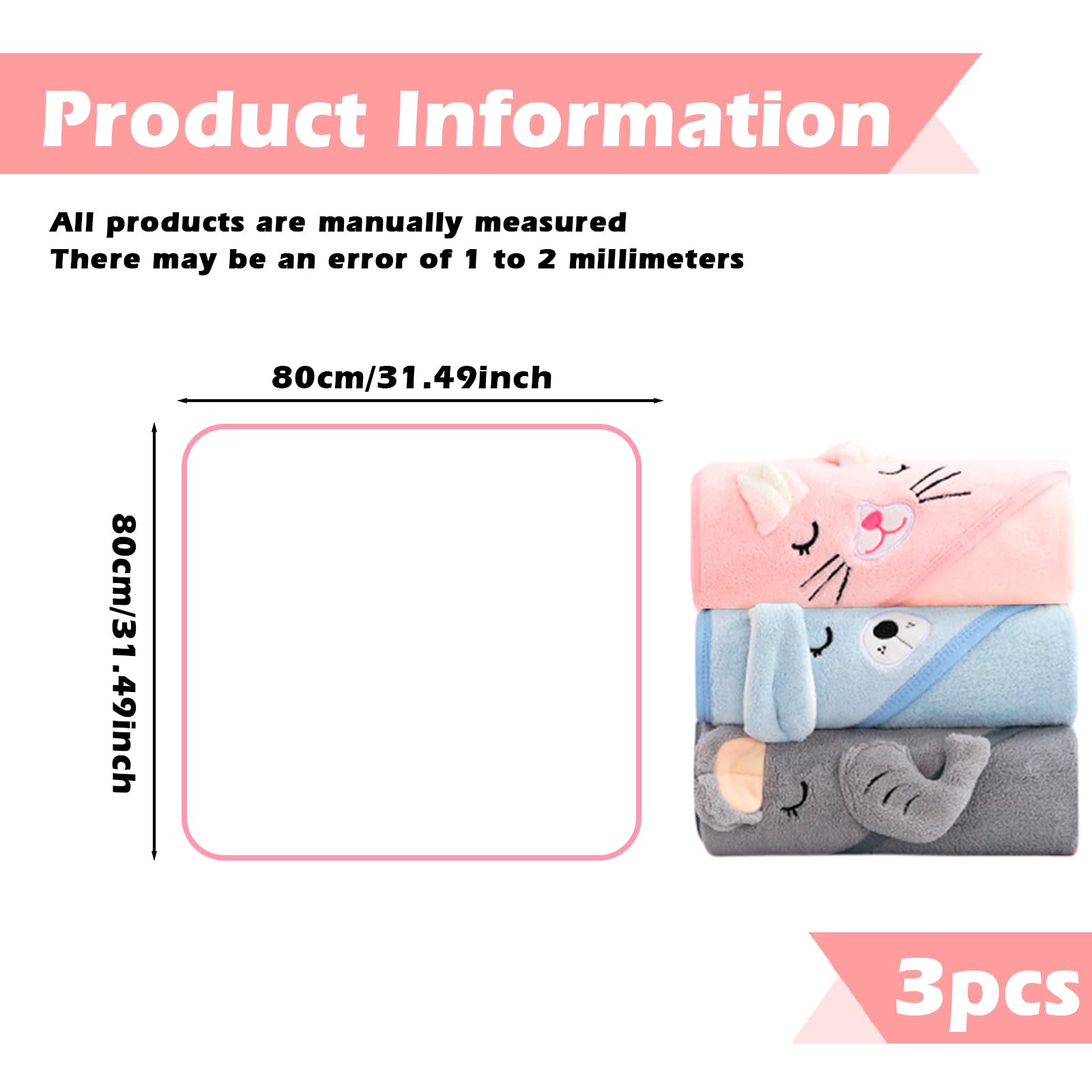 Lot de 3 serviettes à capuche : 80 x 80 cm Serviette bébé avec capuche, serviette de bain douce et super absorbante, poncho de bain unisexe