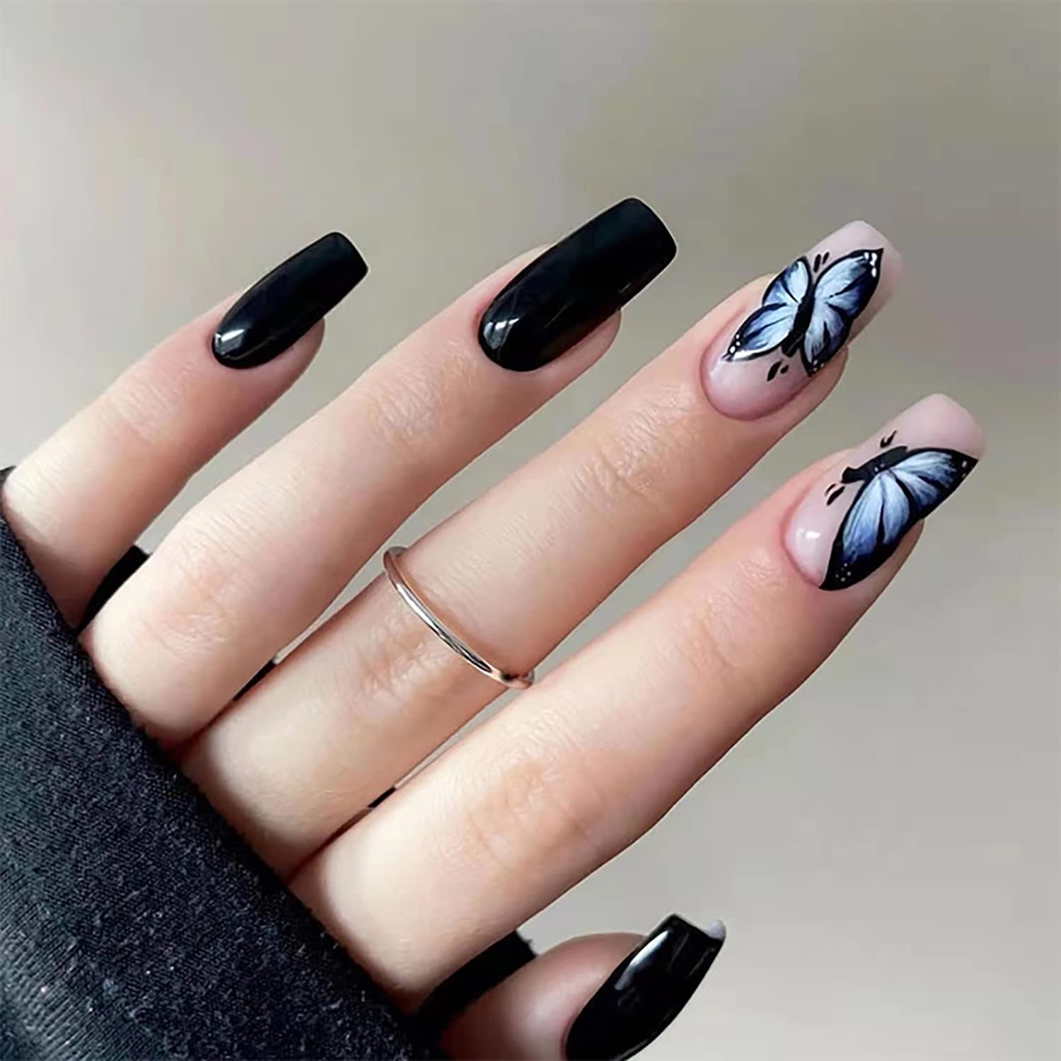 Medium Press on Nails Square Black Fake Nails Full Cover Glue on Nails Butterfly False Nails with Designs Glossy Acrylic Nails for Women 24PCS