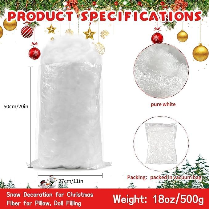 Christmas Fake Snow Decoration - Cotton-Like Fluffy Indoor Snow for Christmas Decorations Under The Christmas Tree (18oz / 500g)