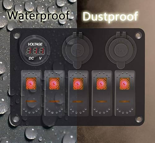 Miniatura 10 de Garfour Panel de interruptor basculante impermeable para barco, panel de aluminio con voltímetro de color de 12 V, QC3.0, doble USB, encendedor de