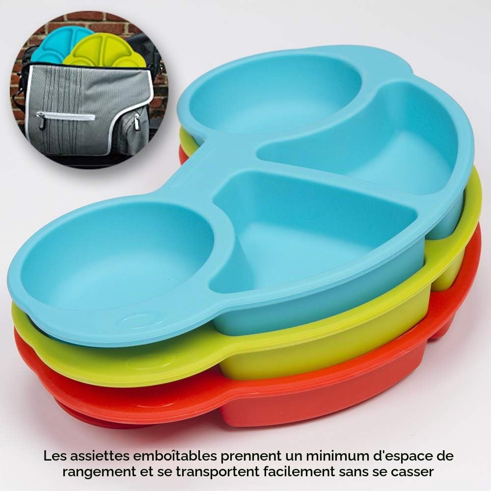 Set de table en silicone pour bébé, plaque d'alimentation antidérapante pour tout-petits Les enfants avec une forte aspiration s'adaptent à la plupart des bacs pour chaise haute (Neuve Voiture bleue)