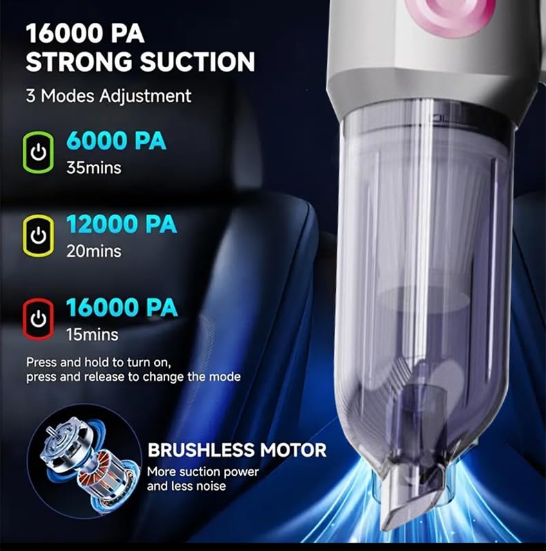 Portable Car Vacuum - 16000PA Cars Vacuum Cleaner High Power 4 in 1 Compressed Air Duster & Air Blower & Pump Hand Held Vacuums Cordless with Brushless Motor for Car Home Office Blue (Gray-Violet)