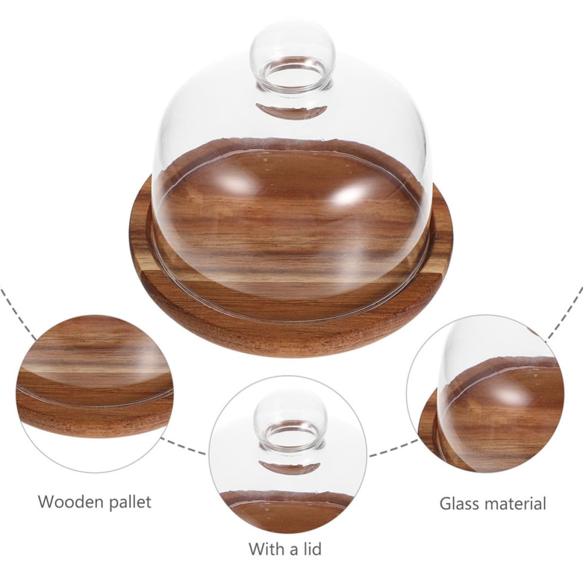 Alasum Bandeja para Tartas de Madera Cúpula de Vidrio para Cocina | Diseño Transparente Creativo, Acabado Fino, Cobertura de Alimentos y Conservación del Calor