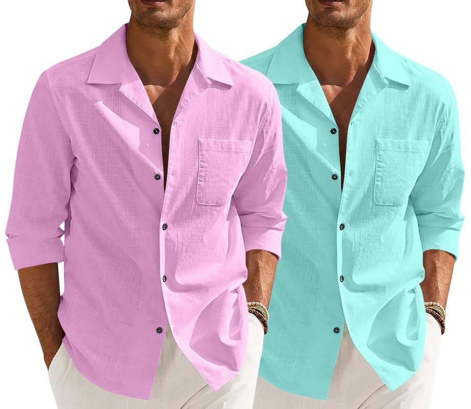 Image of Combo of Men's Casual Cotton Blend Shirt || Long Sleeve Button Down with Spread Collar | Lightweight Breathable Fabric | Stylish Solid Shirt for Beach, Office & Everyday Wear Pack of 2