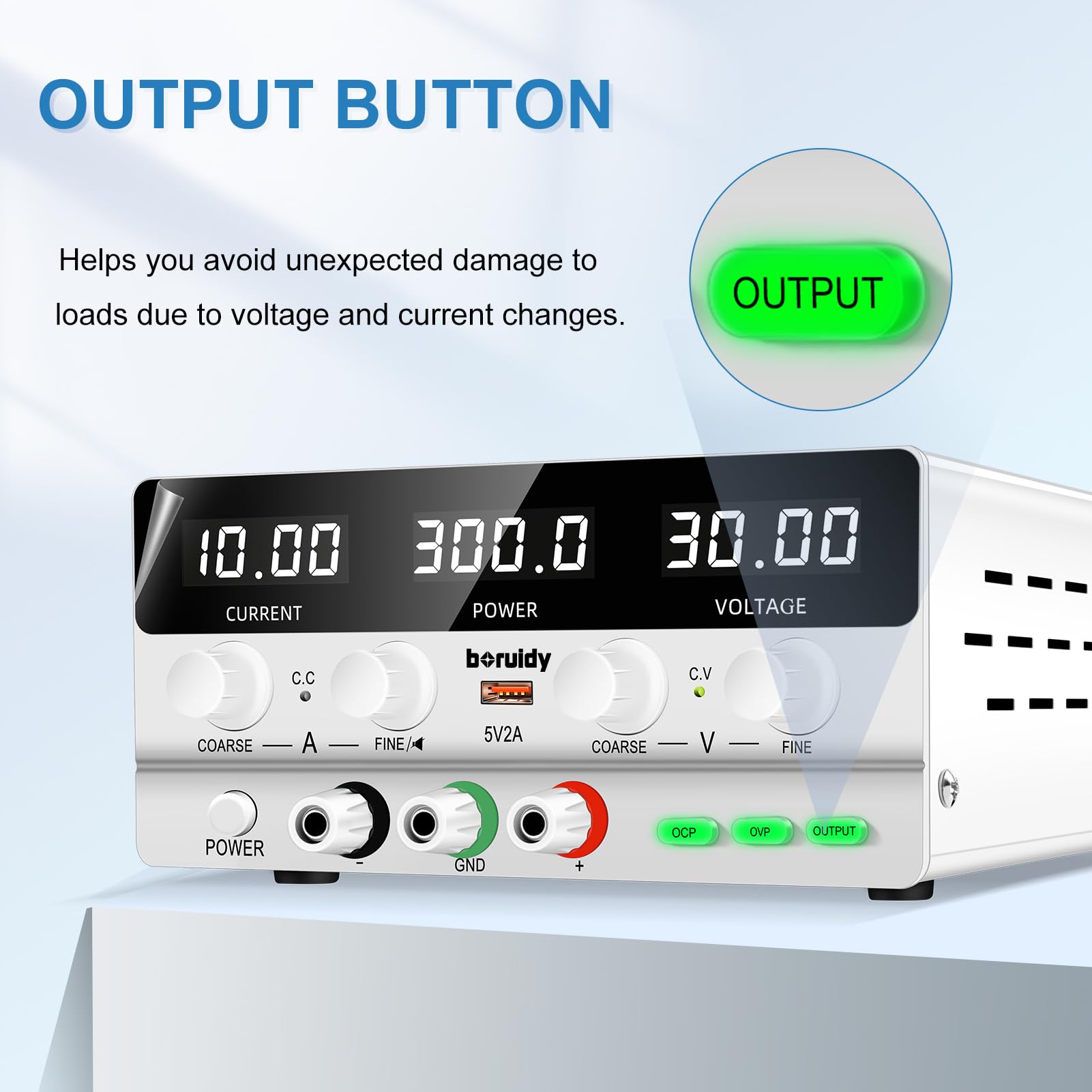 Alimentatore da Labotorio Alimentatore Stabilizzato Banco 30V 10A, Alimentatore DC Regolabile da Display LED a 4 Cifre, con Porta di Ricarica 5V2A USB, Pulsante OUTPUT, Manopola Encoder