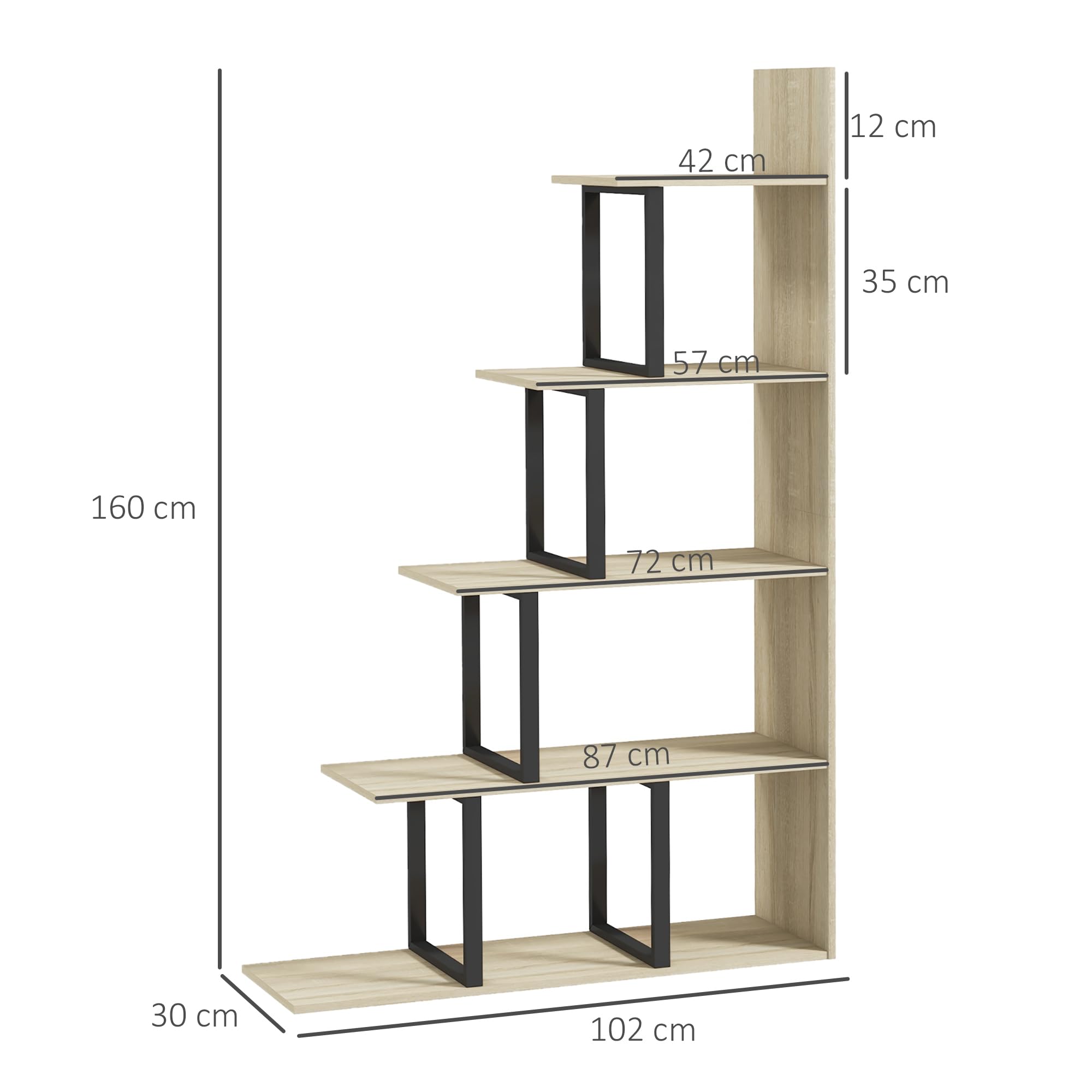 HOMCOM Étagère bibliothèque séparateur de pièce Style Industriel en escalier 5 étagères 102 x 30 x 160 cm, chêne