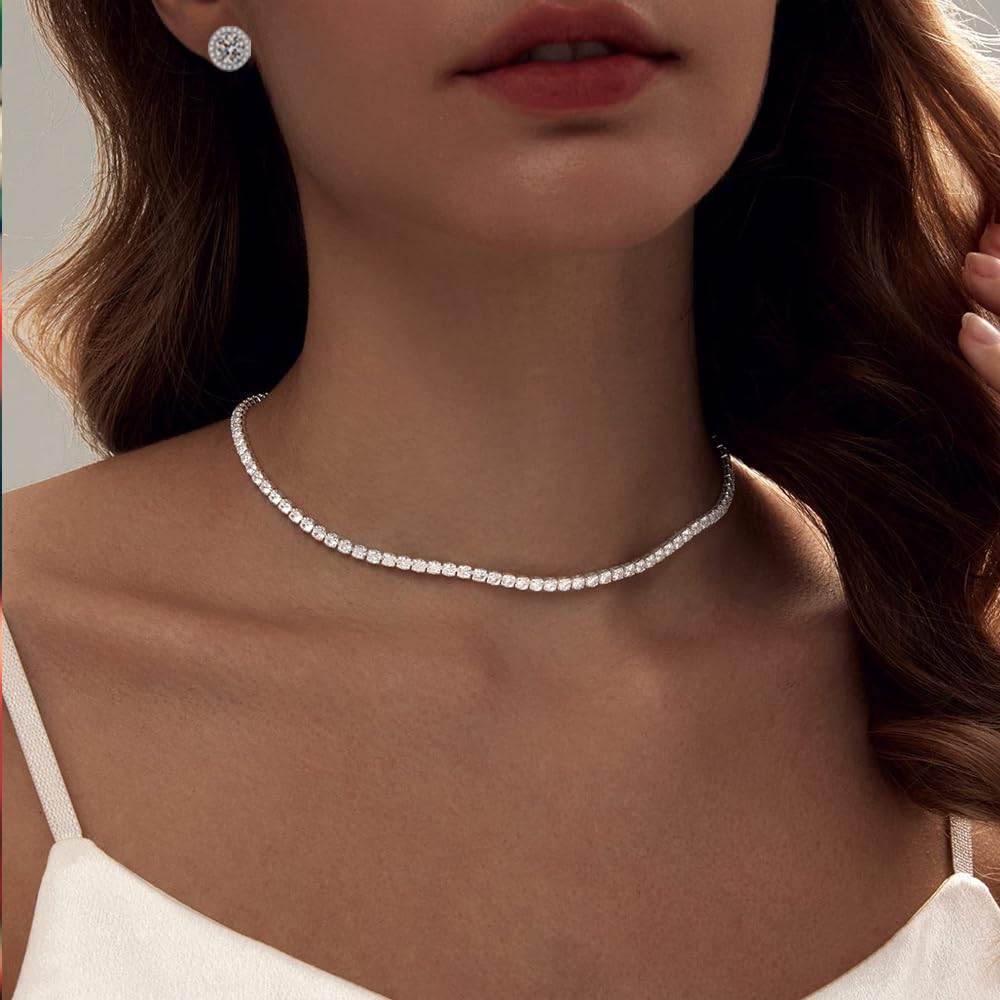 Silver Tennis Necklace and Bracelet Set for Women Wedding Jewelry Sets for Brides Earrings Prom Bridesmaid Jewelry