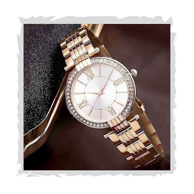 Image of EVRGLOW Analogue Wrist Watches for Women's & Girls&Miss&Ladies Luxury Blue Dial with Roman Marker in Diamond Studded Round case with Rose Gold brecelet Strap Stylish Quartz Watches