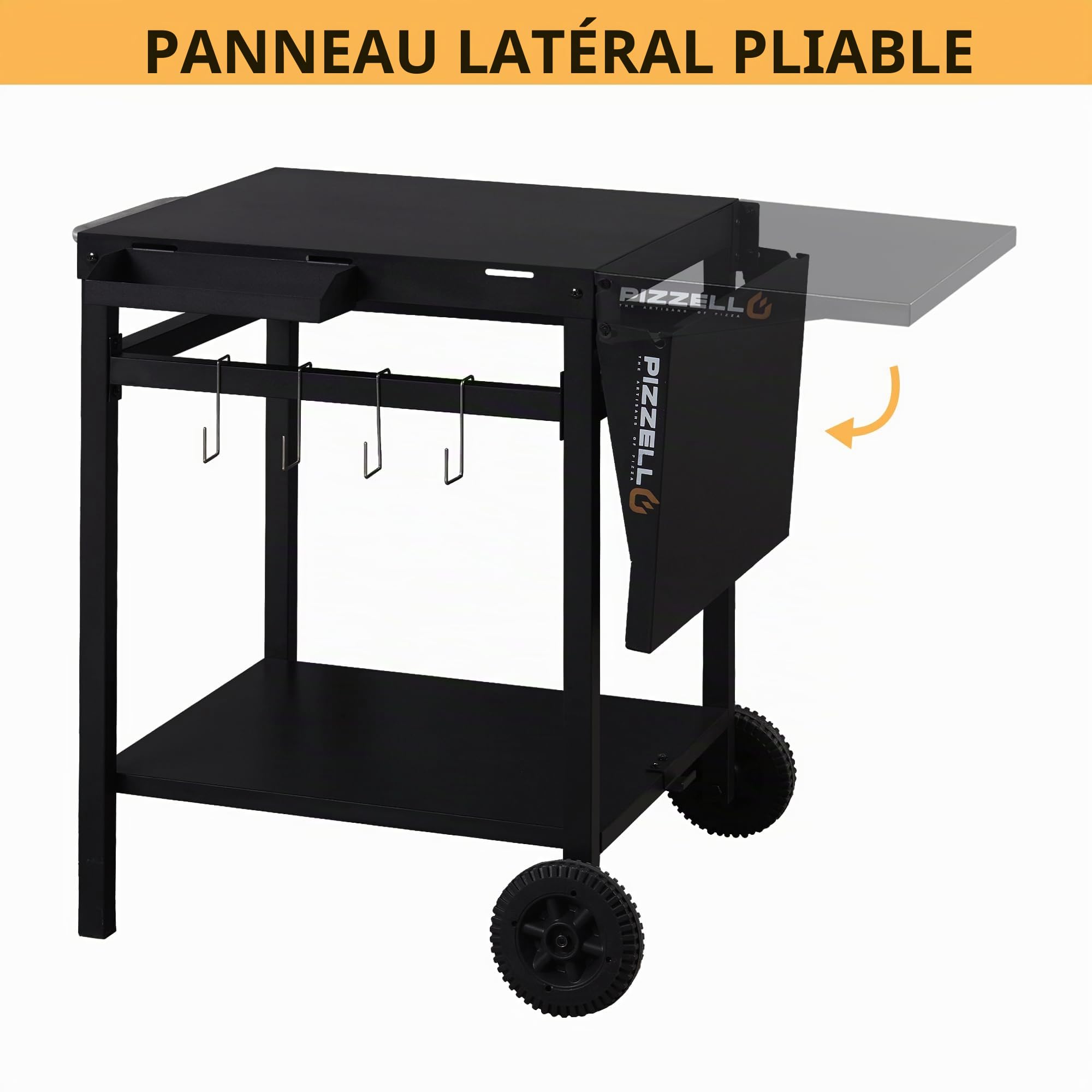 PIZZELLO Chariot pour barbecue et station de préparation extérieure, table à pizza avec roues de rangement, crochets poignée comptoir convertible, noir