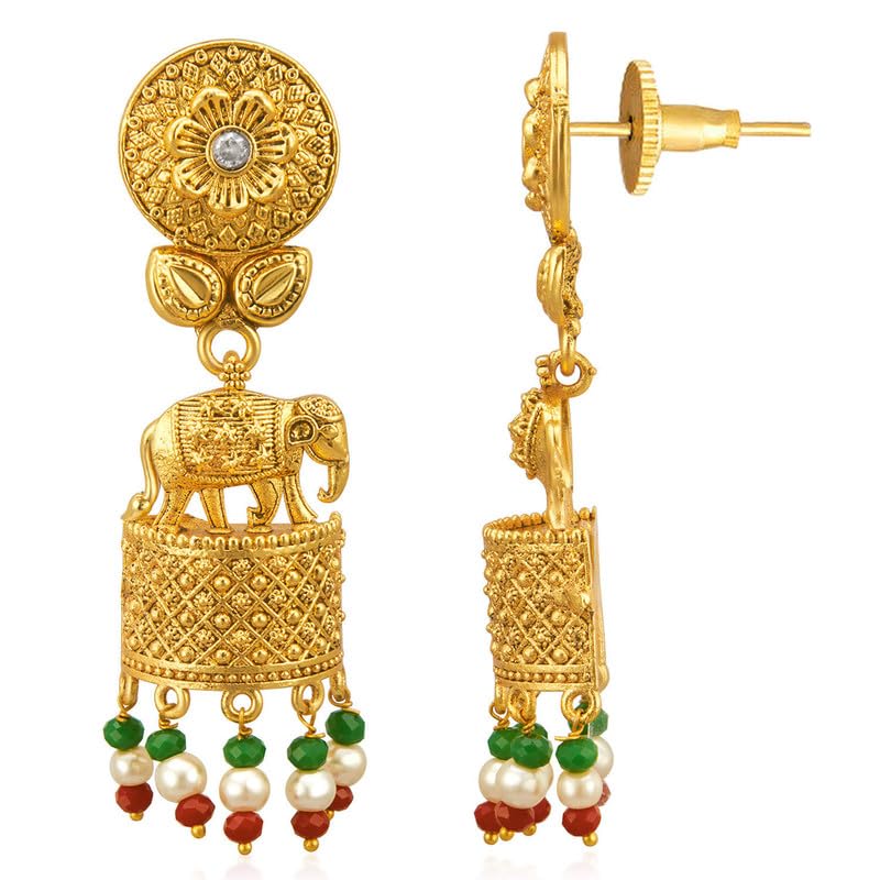 Aheli Elegante tono oro realizzato etnico festivo festa di nozze indossare collana girocollo Jhumki orecchini set per donne indiane gioielli di moda tradizionali, Metallo