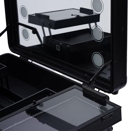 Miniatura 7 de RustyVioum Estuche de tren de maquillaje con ruedas de 3 niveles, estuche de tren de maquillaje portátil, caja de cosméticos profesional, maleta de