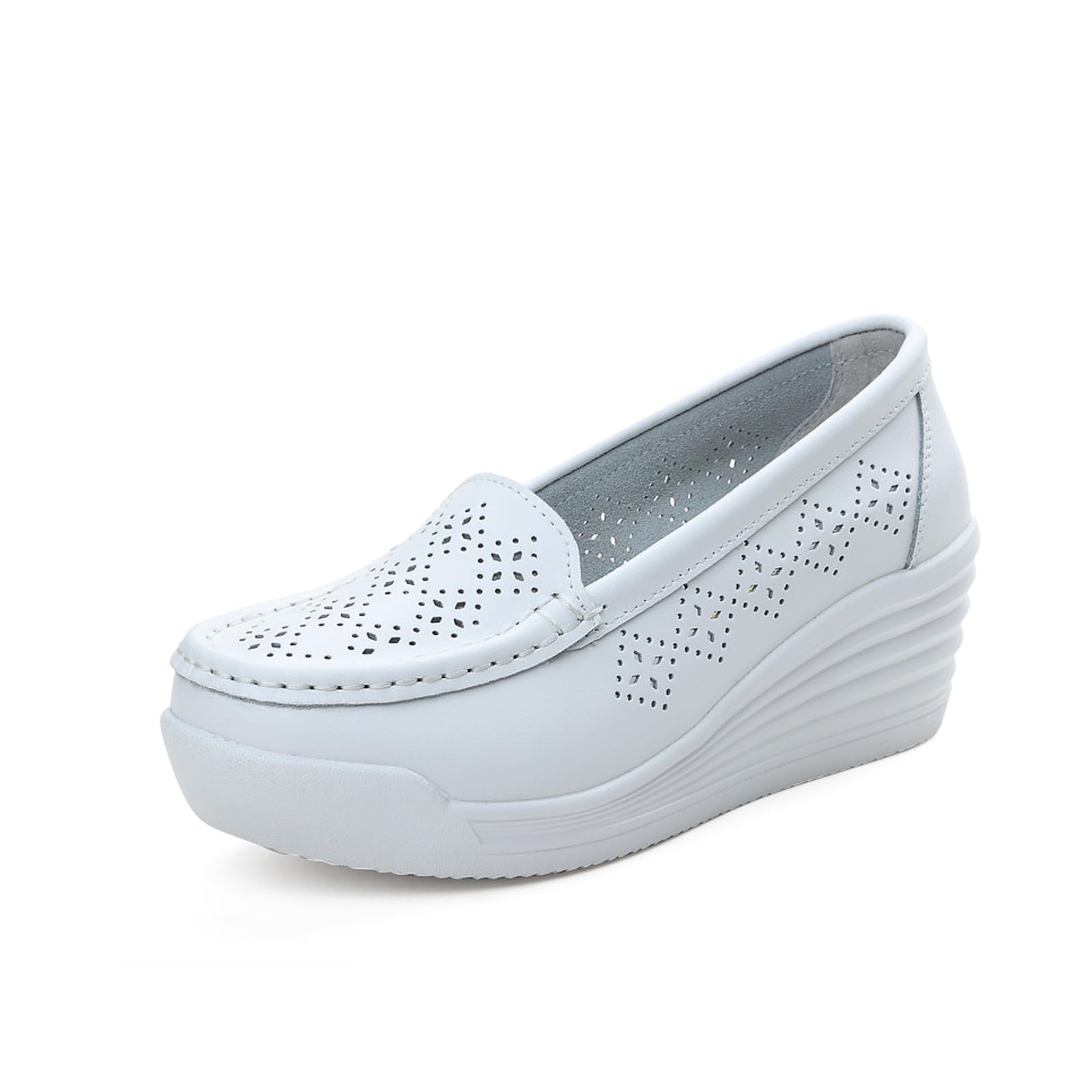 Women's Leather Breathable Wedge Heel Nurse Loafers Comfortable Round Toe Platform Non-Slip Hollow Breathable Slip-On Work Shoes Mother Shoes