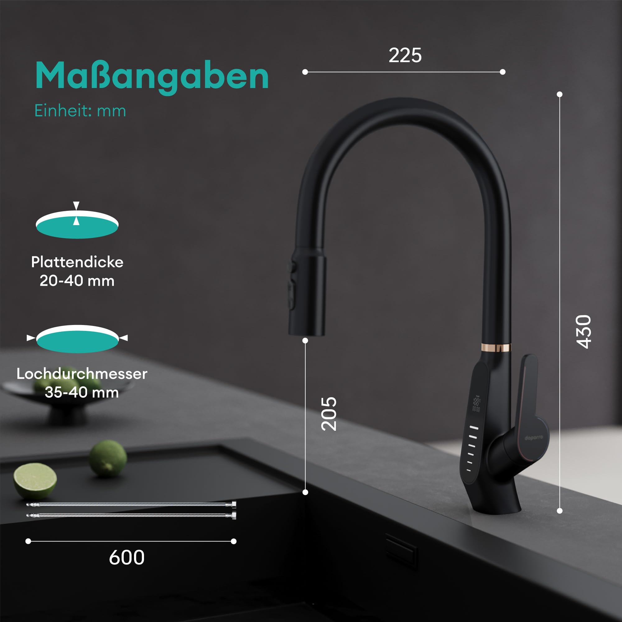 Mai & Mai Wasserhahn Küche ausziehbar, Küchenarmatur mit LED-Digitalanzeig | 360° drehbar Einhebelmischer Küche, 3 Wasserstrahl-Modi, Küchenwasserhahn Spültischarmatur Schwarz MS-8085