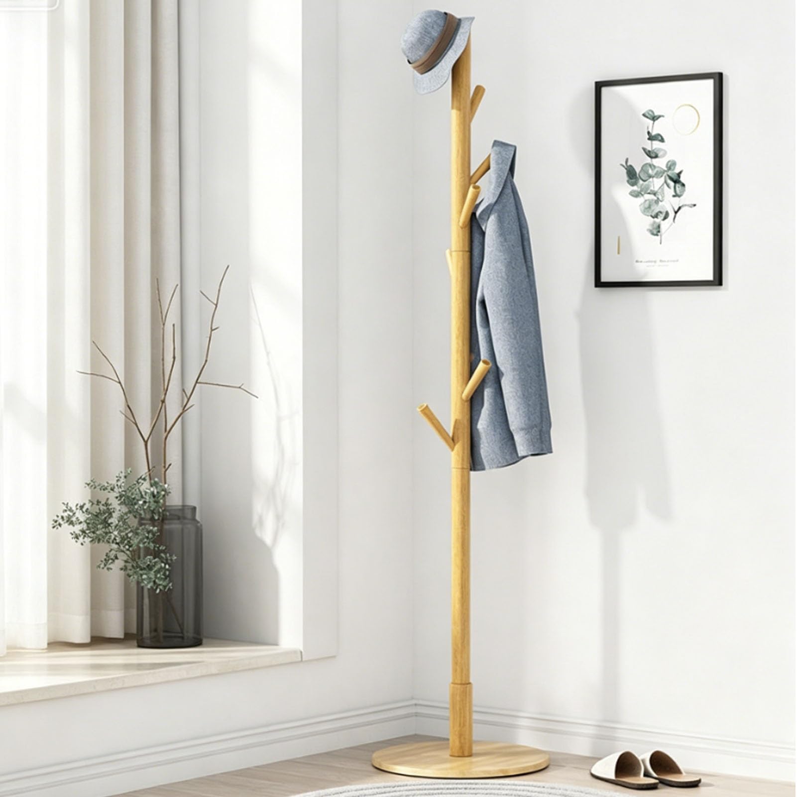 YAOHY Wood Clothing Rack, Freestanding Rack for Hanging Clothes, Multi-hook Design Garment Racks for Bedroom Entryway, Easy Assembly Vertical Clothing Hanging Holder(Yellow,Style 3)