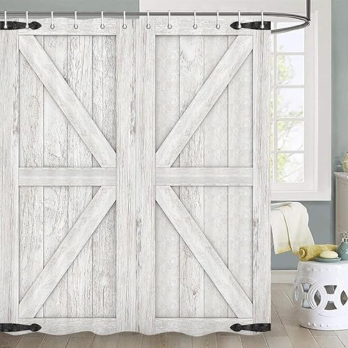 Vista 105 de Cortina de ducha rústica de madera estilo granero, 60 x 70 pulgadas, color beige