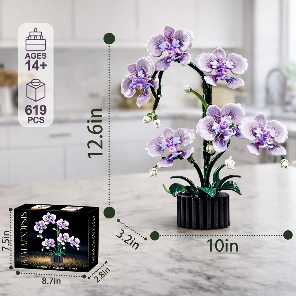Purple Orchid Building Block Set with Vase 619 Pcs, Phalaenopsis Floral Model Kits, Compatible with Lego Flowers for Mother's Day, Anniversary, Birthday for Adults & Teens Ages14+