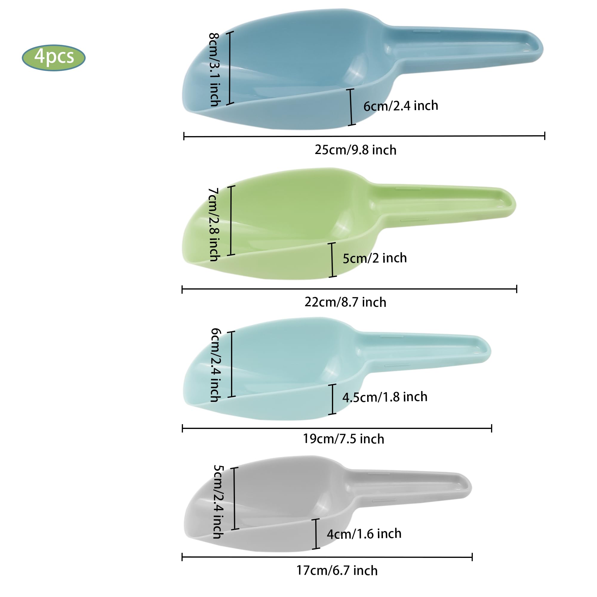 Set di 4 Ghiaccio Paletta Cucina Plastica, Paletta Cibo Cucchiaini Multiuso per Cucine, Bar, Buffet, Cereali, Farina, Grano, Noci, Spezie, Popcorn（50/100/150/250 ml）