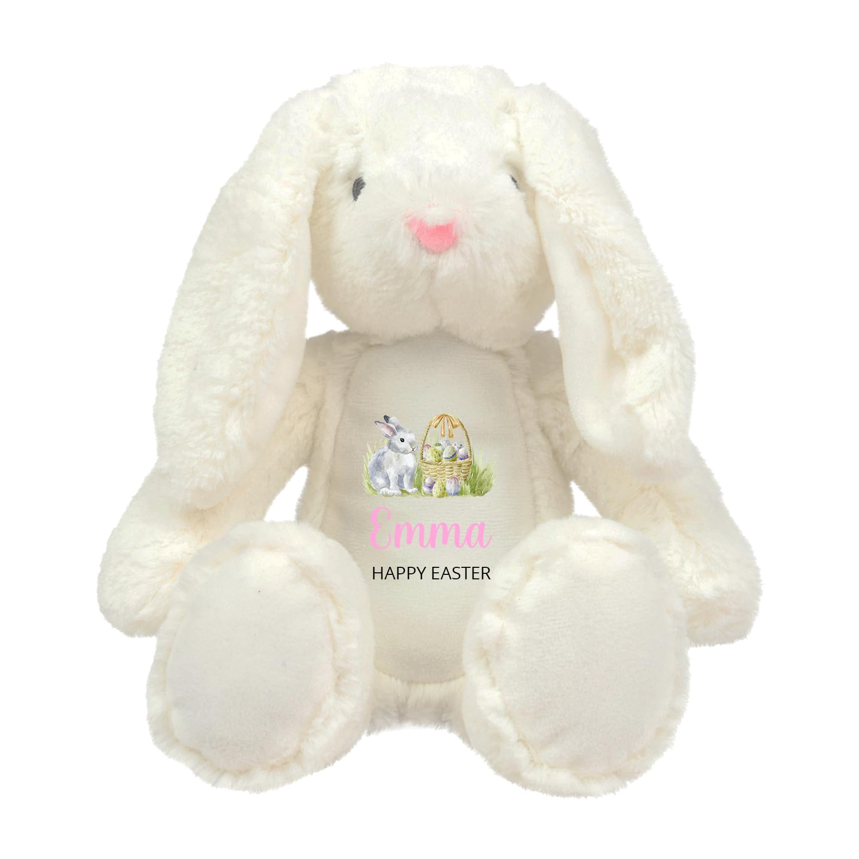 Personalised Easter Bunny Soft Toy with Name - Happy Easter - Pink White Plush