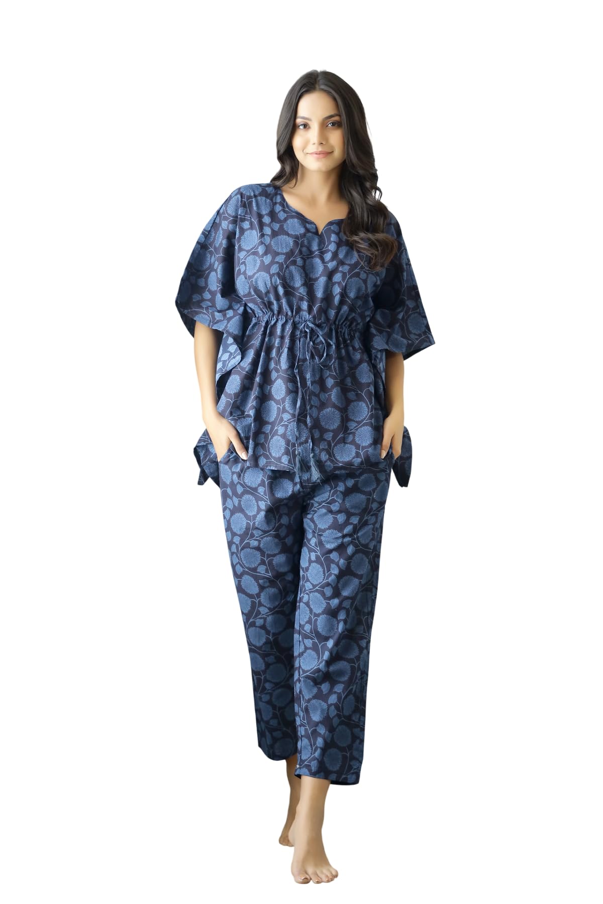 Women's 100% Cotton Printed Kaftan Night Suit & Pyjama Set with Drawstring | Premium Cotton Loungewear | Soft & Breathable Nightwear | Comfortable Everyday Sleepwear for Women-image-12