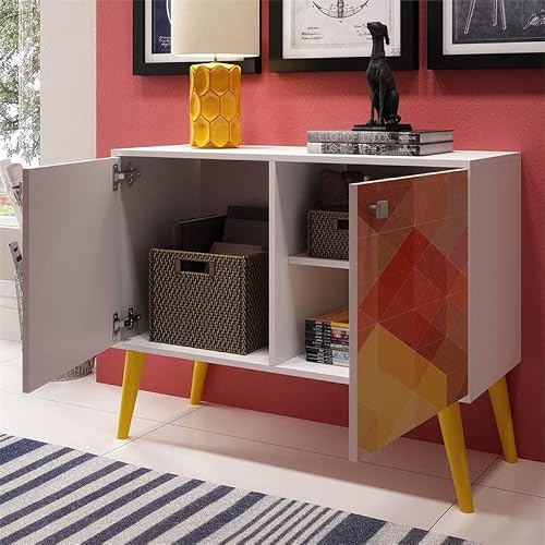 Manhattan Comfort Avesta Mid Century Modern Double Cabinet Side Table, White/Yellow #TOP7