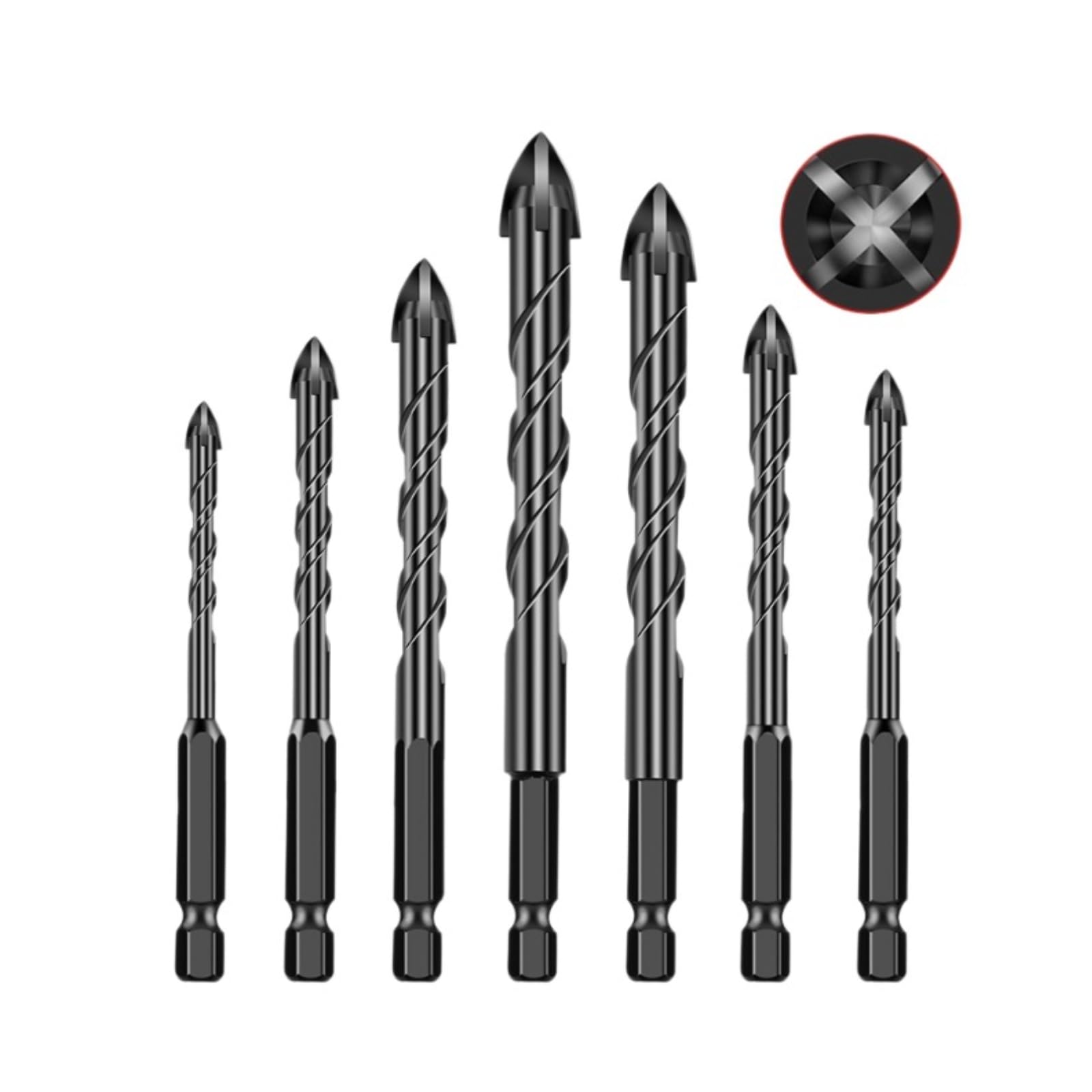 7PCS Masonry Drill Bits Set, 3/4/5/6/8/10/12mm Tungsten Carbide Tip Drill Bits for Ceramic Tile, Glass, Brick, Concrete, Plastic, Wood - Cross Four-Blade Design Hex Shank Drill Bit Set