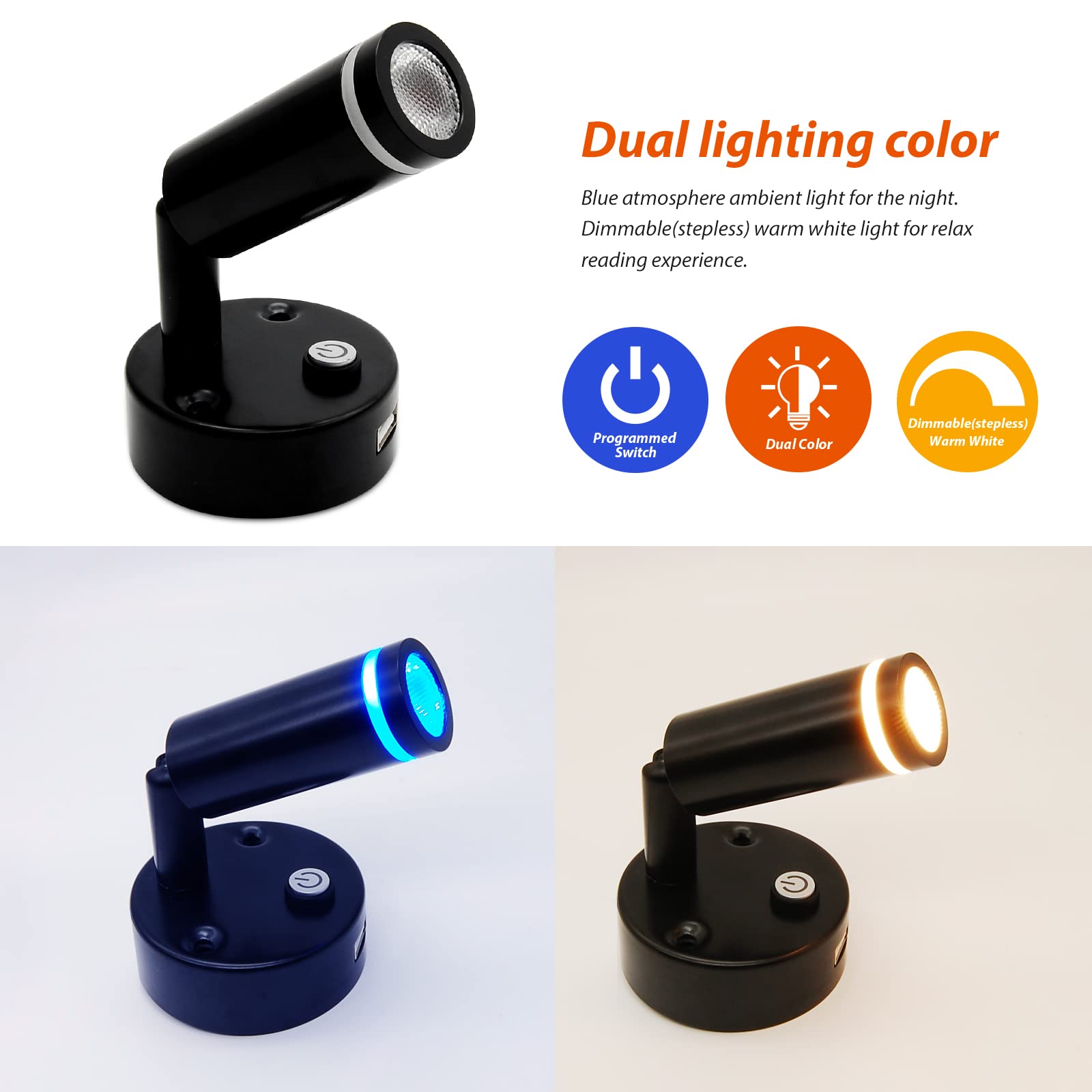 Dream Lighting Liseuse 12v LED USB Camping Car, 2W Lumière Chaude 3000K Dimmable avec Lumière Bleue Bicolore, Applique LED Caravane Bateau Camper, Lampe de Lecture Finition Peinte en Noir 2 Pièces