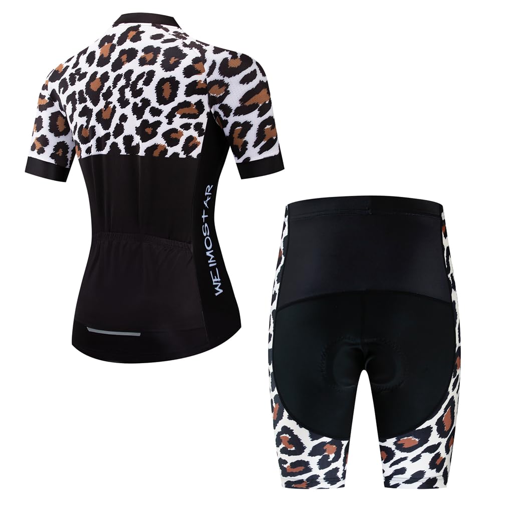 Cycling Jersey Women Set Short Sleeve Set Girls Padded Bike Shorts Clothing Suit Leopard Black XXL