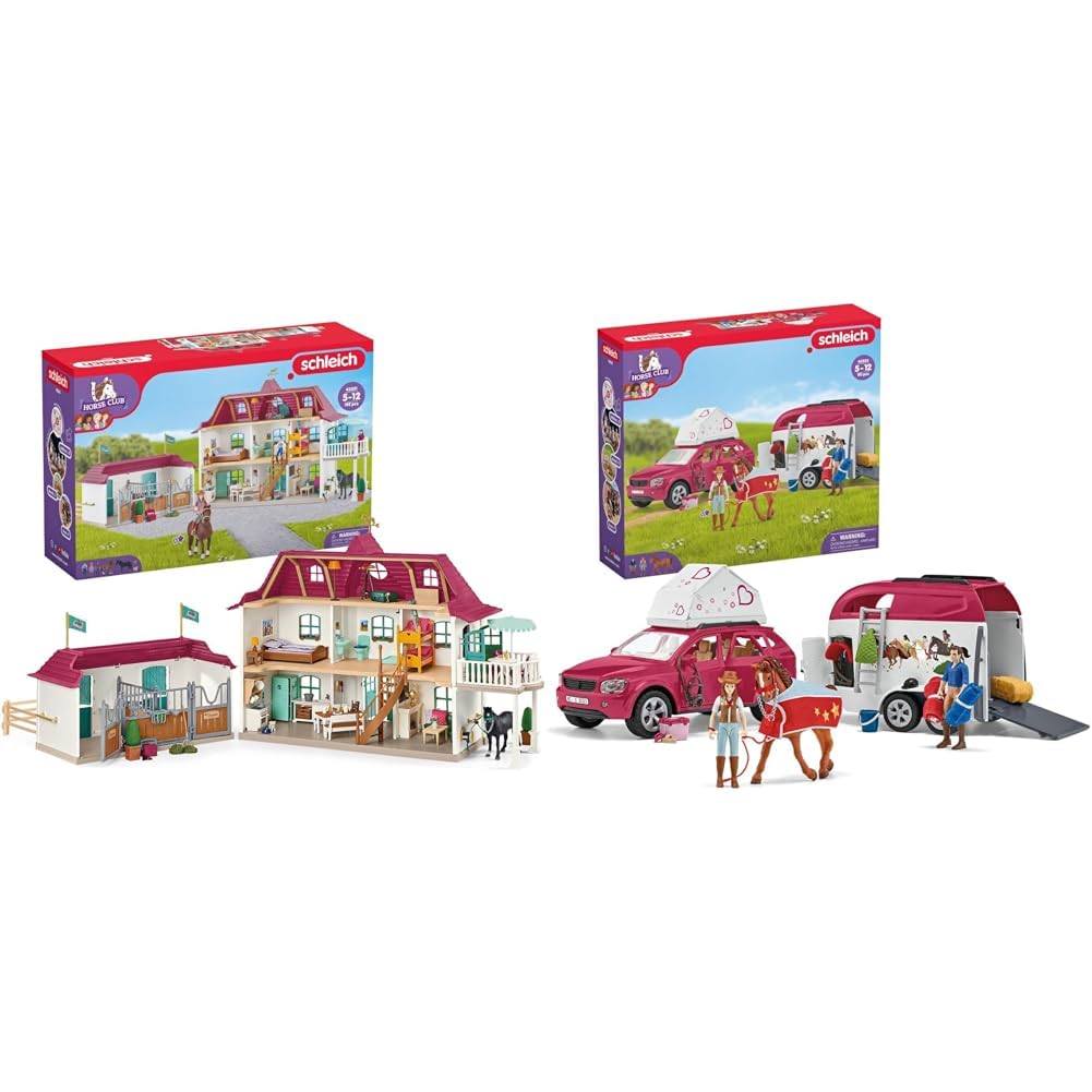 Schleich 42551 Horse Club Lakeside Pferdehof & 42535 Abenteuer mit Auto und Pferdeanhänger, für Kinder ab 5-12 Jahren, Horse Club - Spielset