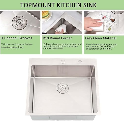 Miniatura 5 de Fregadero de cocina de 25 pulgadas con caída en la parte superior, de 25 x 20 pulgadas, fregadero de cocina de acero inoxidable calibre 16,