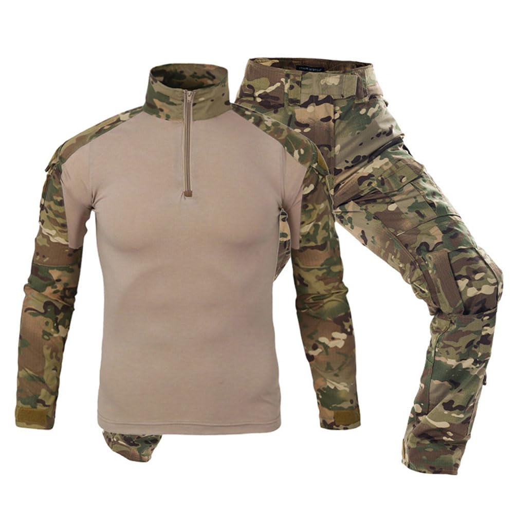Homme 2 Pièces Tactique de Camouflage Costume Vêtements Tactique Uniforme Militaire Tenue Airsoft Chemise de Combat et Camouflage Cargo Pantalon pour Paintball