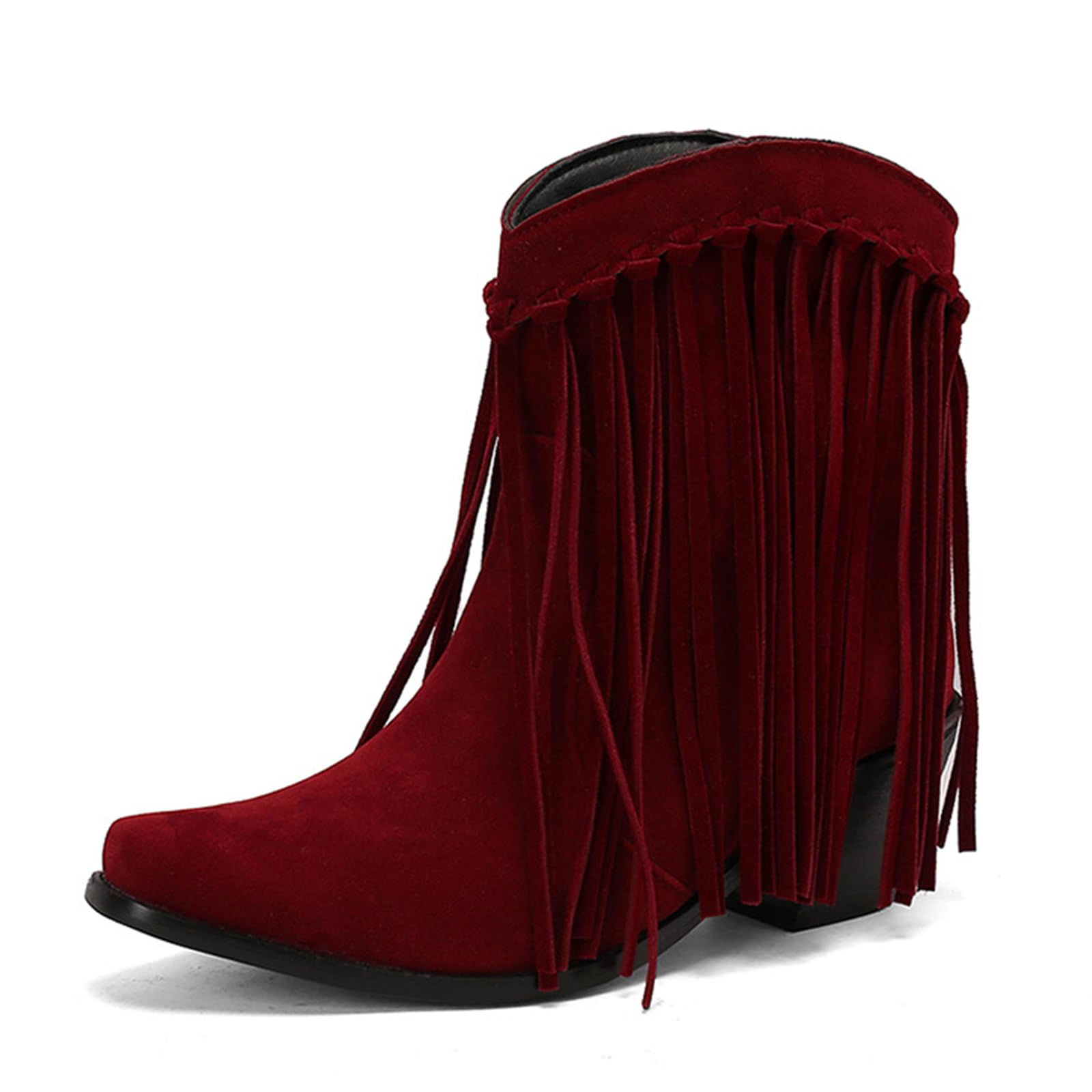 Womens Tassel Suede Square Toe Chunky Heel Ankle Boots Comfortable Slip On Block Heel Fringe Cowboy Ankle Boots