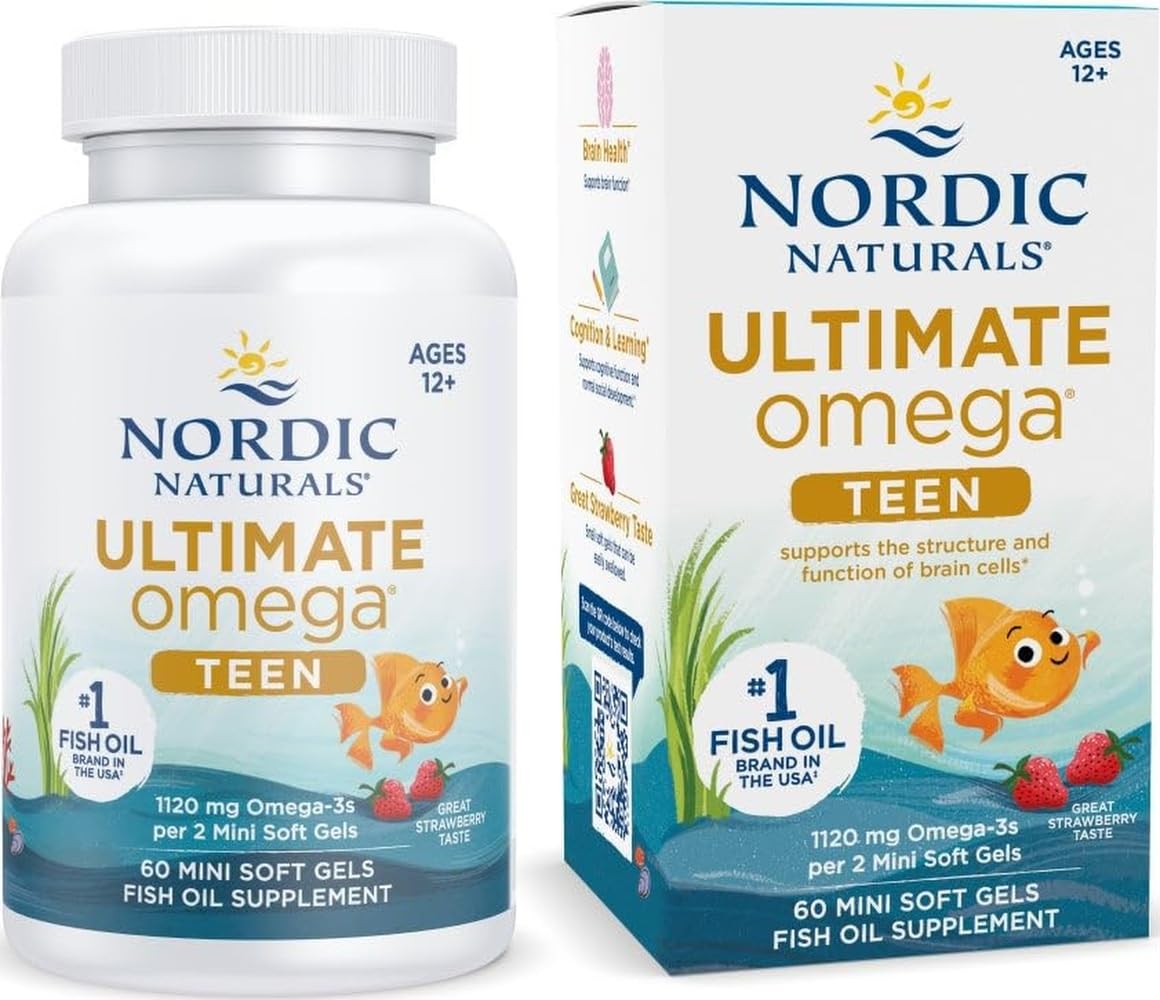 Nordic Naturals Ultimate Omega 2X Teen, Strawberry - 60 Mini Soft Gels - 1120 mg Total Omega-3s with EPA & DHA - Brain Health, Positive Mood, Social Development, Learning - Non-GMO - 30 Servings