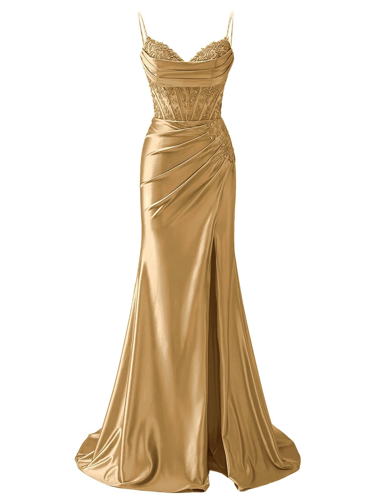 Hppee Women's Gold Satin Prom Dresses For With Lace Applique V Neck Long Ball Gown Formal Evening Dress Uk6