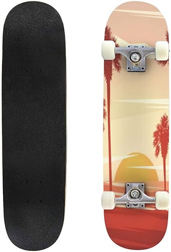 Sunset Sunrise with Beach Palm Trees of Ocean Island Stock Skateboard 31"x8" Double-Warped Skateboards Outdoor Street Sports Skateboard for